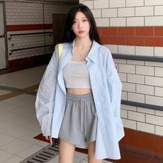 DMELD 女款修身細條紋寬鬆休閒襯衫 EO024