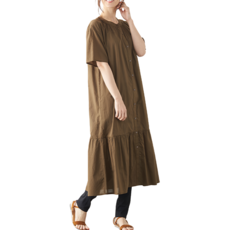 SHONAGON 印度棉魚擺短袖洋裝 SNG-9253307KML, 軍綠色