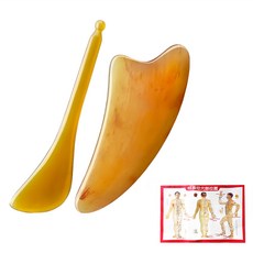 Hwato 華佗牌 天然牛角刮痧板 + 穴棒套裝 含穴位圖, 1套, 黃色
