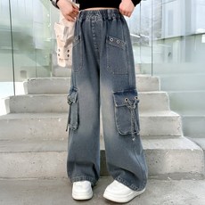 Abeef 孔眼亮點大工裝寬版牛仔褲