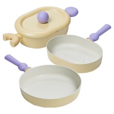 BetterFinger 電磁爐IH炊具鍋具平底鍋 3件組, 淺黃色, 橢圓燉鍋 24cm + 平底鍋 24cm + 烤盤 24cm, 1套