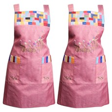 Hama工房 彩色條紋 薴麻 方形 拼布 連身裙式圍裙, 2個, 灰粉色