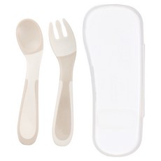 Richell 利其爾 T L I 自主學習湯匙叉子組 STEP 1, 1套, 米色 + 白色