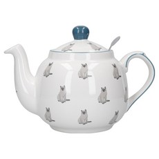 LoNDoN PoTTERY Farmhouse石陶濾茶壺 貓, 1個, 900ml, 白色 + 灰色