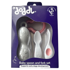 doddL 人體工學嬰兒學習餐具2件組 附攜帶盒, 乾燥玫瑰粉, 湯匙 + 叉子 + 攜帶盒, 1套