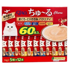 INABA 貓肉泥 60本, 1個, 鮪魚 + 鮪魚&雞柳 + 鮪魚&貝柱 + 雞柳 + 雞柳&貝柱, 14g