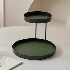 Putra香水鑰匙盤桌面收納盒 圓形 2層 深綠色 皮革, 黑色+墨綠色