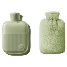 Soulich 便利保溫熱水袋 + 人造兔毛絨布套 綠色 1L, 1套