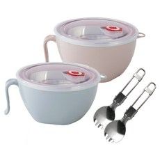 FAmILyLIFE 生活 316不鏽鋼隔熱保鮮泡麵碗 1200ml 2入組 附上蓋 + 湯叉匙, 1套, 蘇打藍 + 草莓粉