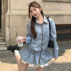 PEONIST 女款浪漫荷葉邊飾邊條紋襯衫