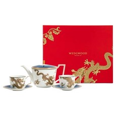 WEDGWOOD 東方傳奇系列 一壺雙杯龍鳳杯碟骨瓷禮盒組, 1套, 250ml龍鳳圖騰杯2個 + 同款杯碟2個 + 1L骨瓷茶壺1個 + 原廠設計禮盒1個, 白色 + 金色 + 藍色