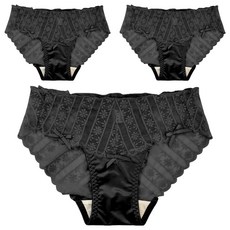 FITVEL 法式奢華緞面蕾絲包臀內褲 3件, 黑色
