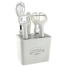 OMG 廚房小工具刀具 6件組, 開瓶器 + 打蛋器 + 水果刀 + 果皮刨 + 多功能剪刀 + 收納座, 白色, 1套