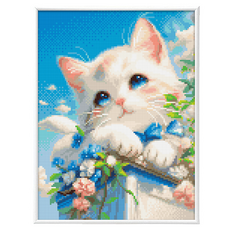 Blingbling 圓形AB鑽 圖案 30 x 40 cm 畫框 筆 託盤 固體膠 壁掛用釘 鑽石畫薄框套組, 1個, BL3040-097 可愛貓咪