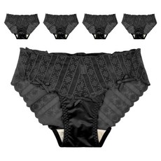 FITVEL 法式奢華緞面蕾絲包臀內褲 五件組, 黑色