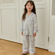 JJiniya 大童用正花純棉嘎巴甸睡衣長袖上衣+下衣套組