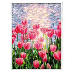 Blingbling 圓形AB鑽 圖案 30 x 40 cm 畫框 筆 託盤 固體膠 壁掛用釘 鑽石畫薄框套組, 1個, BL3040-091 湖邊鬱金香