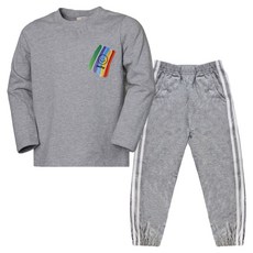 유라비 아동용 레인보우 스마일 긴팔 면 라운드 상의 + 라인 밴딩 하의 세트