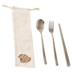 YCCT 316不鏽鋼筷叉匙收納袋4件組 貓咪, 筷子 + 叉子 + 湯匙 + 收納袋, 1套, 米色