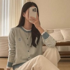 Chic Fox 女款Sueur條紋刺繡針織開襟衫 53CA761, 天藍色