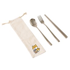 YCCT 316不鏽鋼筷叉匙收納袋4件組 柴犬, 筷子 + 叉子 + 湯匙 + 收納袋, 1套, 米色