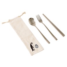 YCCT 316不鏽鋼筷叉匙收納袋4件組 企鵝, 筷子 + 叉子 + 湯匙 + 收納袋, 1套, 米色