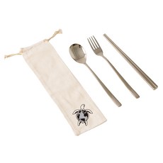 YCCT 316不鏽鋼筷叉匙收納袋4件組 海龜, 筷子 + 叉子 + 湯匙 + 收納袋, 1套, 米色