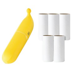 Meongyang 寵物便攜式香蕉造型除毛滾輪 + 補充包黏毛器 5入組, 1套, 黃色(滾輪)