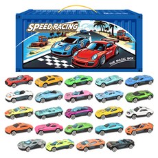 OZ TOY 合金迷你車24種組合 (隨機出貨) + 貨櫃收納盒, 1套, 藍色 (B104)