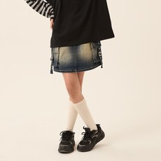 applepink 青少年款復古水洗丹寧工裝裙 U504