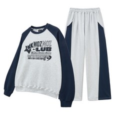 MOZMOZ 男女通用 Kraft 撞色拉克蘭袖寬鬆版大學T + 撞色寬版運動褲套裝