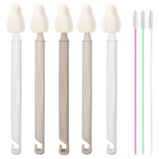 hibee 奶瓶奶嘴清潔圓頭長柄迷你刷5入 + 吸管刷3入, 1個, 暖米色(長柄迷你刷), 隨機出貨(吸管刷)