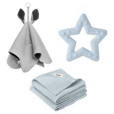 BIBS 織夢禮盒3件組, 固齒器 + 有機棉安撫巾 + 袋鼠安撫巾, 1套, 寶貝藍