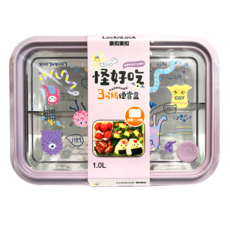 LocknLock 樂扣樂扣 ECOZEN 怪好吃三分隔便當盒 B6C12 1L, 紫紫怪 紫色 + 透明色, 1個