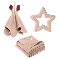 BIBS 織夢禮盒3件組, 固齒器 + 有機棉安撫巾 + 袋鼠安撫巾, 1套, 腮紅色