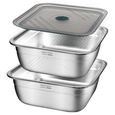 bella cuisine 無研磨劑不鏽鋼304方形攪拌盆瀝水籃2件組 4L, 1套, 方形攪拌盆 + 瀝水籃 + 蓋子