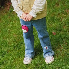 minidou 兒童微笑貓咪扇貝邊長褲