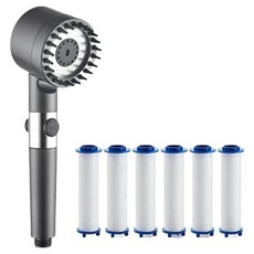 頭皮按摩蓮蓬頭 + 濾芯 6入組, 1套, 灰色(蓮蓬頭)