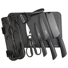 野一夏 不鏽鋼刀具七件組, 切片刀 + 廚師刀 + 水果刀 + 剪刀 + 削皮器 + 刀座 + 砧板, 1套