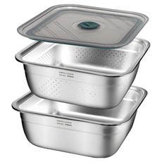 bella cuisine 無研磨劑不鏽鋼304方形附蓋攪拌盆瀝水籃2件組 2.3L, 1套, 攪拌盆 + 瀝水盤 + 蓋子
