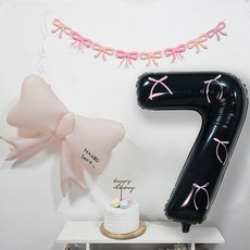 OLIVEPARTY 粉彩緞帶芭蕾風黑色數字7字母氣球生日派對用品組, 粉紅色, 1套