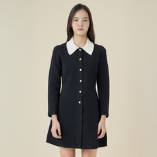 LINE ADDITION 女性泡泡袖翻領針織迷你七分袖連身裙, BLACK(2)