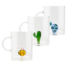 이첸도르프밀라노 데저트 선인장 내열 머그컵 손잡이 글라스 450ml 3종 세트, 그린, 블루, 핑크플라워, 1세트