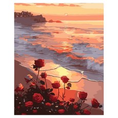 daysoy 感性室內裝飾 DIY 數字油畫 畫布畫 16 海灘日落風景 30 x 40 cm, 1個, 混合色