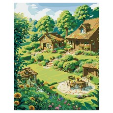 daysoy DIY 感性風景油畫繪畫套組 12 綠色花園與小屋 30 x 40 cm, 1個, 混合色