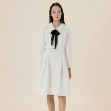 kenneth lady 女款蝴蝶結領粗花呢洋裝, 象牙白