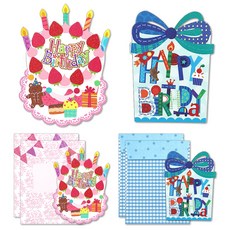 마음담아 글리터 팡 생일 축하 카드 2종 x 2p + 봉투 2종 x 2p 세트, 혼합색상, 1개