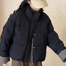 女性時尚潮流撞色寬鬆短版羽絨外套 高領冬季夾克