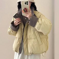 Fashion Flow 女款撞色寬鬆短版高領冬季鋪棉外套