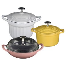 韓國 Royalstar 電磁爐 KU 鑄鐵琺瑯塗層飯鍋 3件組 3個, 1套, 14cm 飯鍋 + 16cm 飯鍋 + 18cm 迷你炒鍋, 白色 + 黃色 + 粉紅色